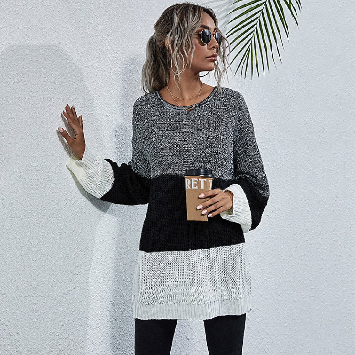 Round Neck Colorblock Long Sleeve Mid-Length Knit Sweater