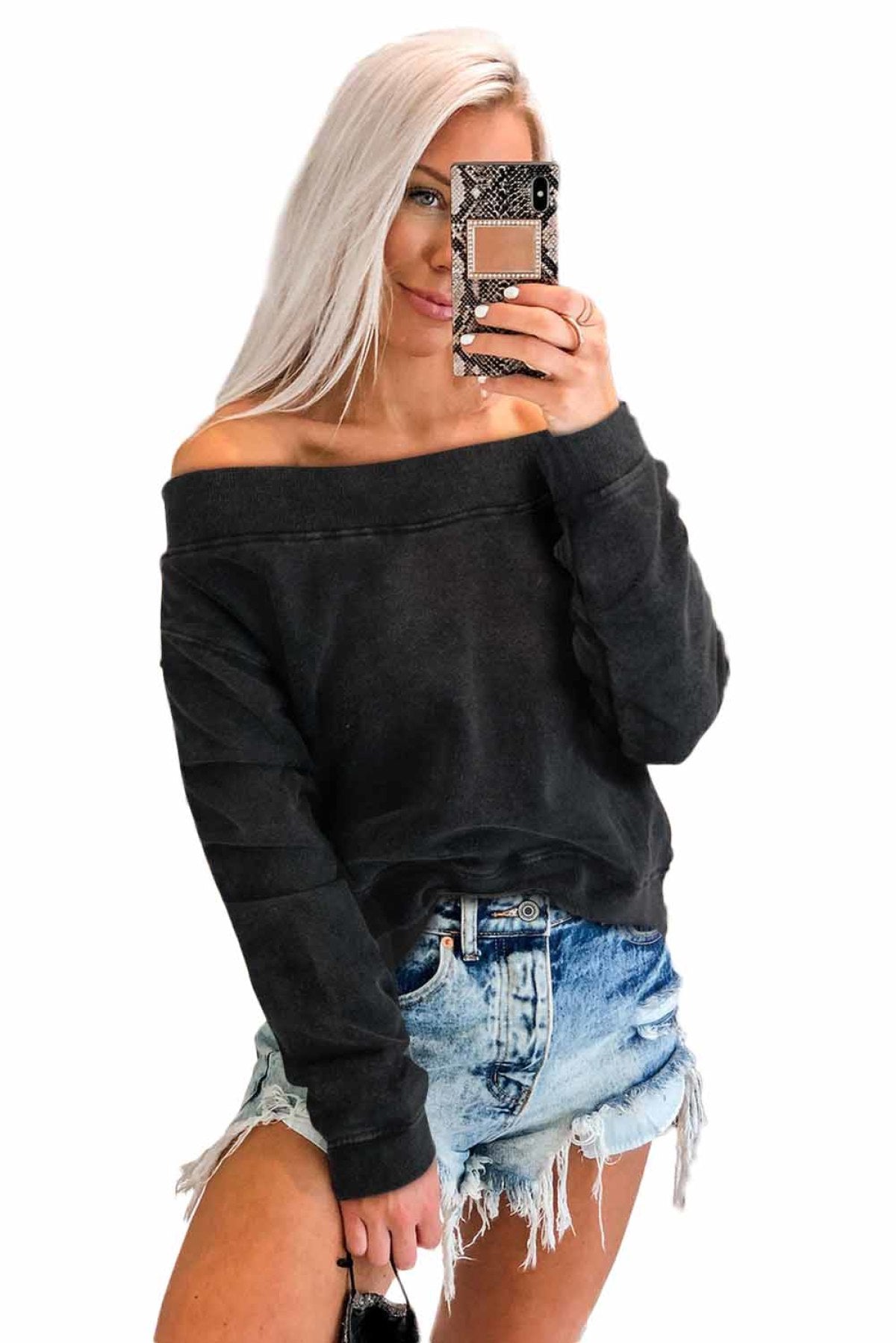 Black Off The Shoulder Mineral Wash Pullover