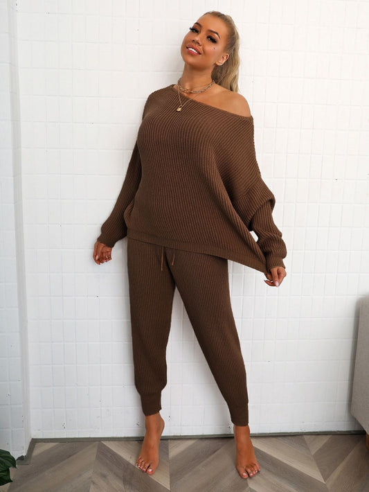 Drop Shoulder Batwing Sleeve Sweater & Pants Set