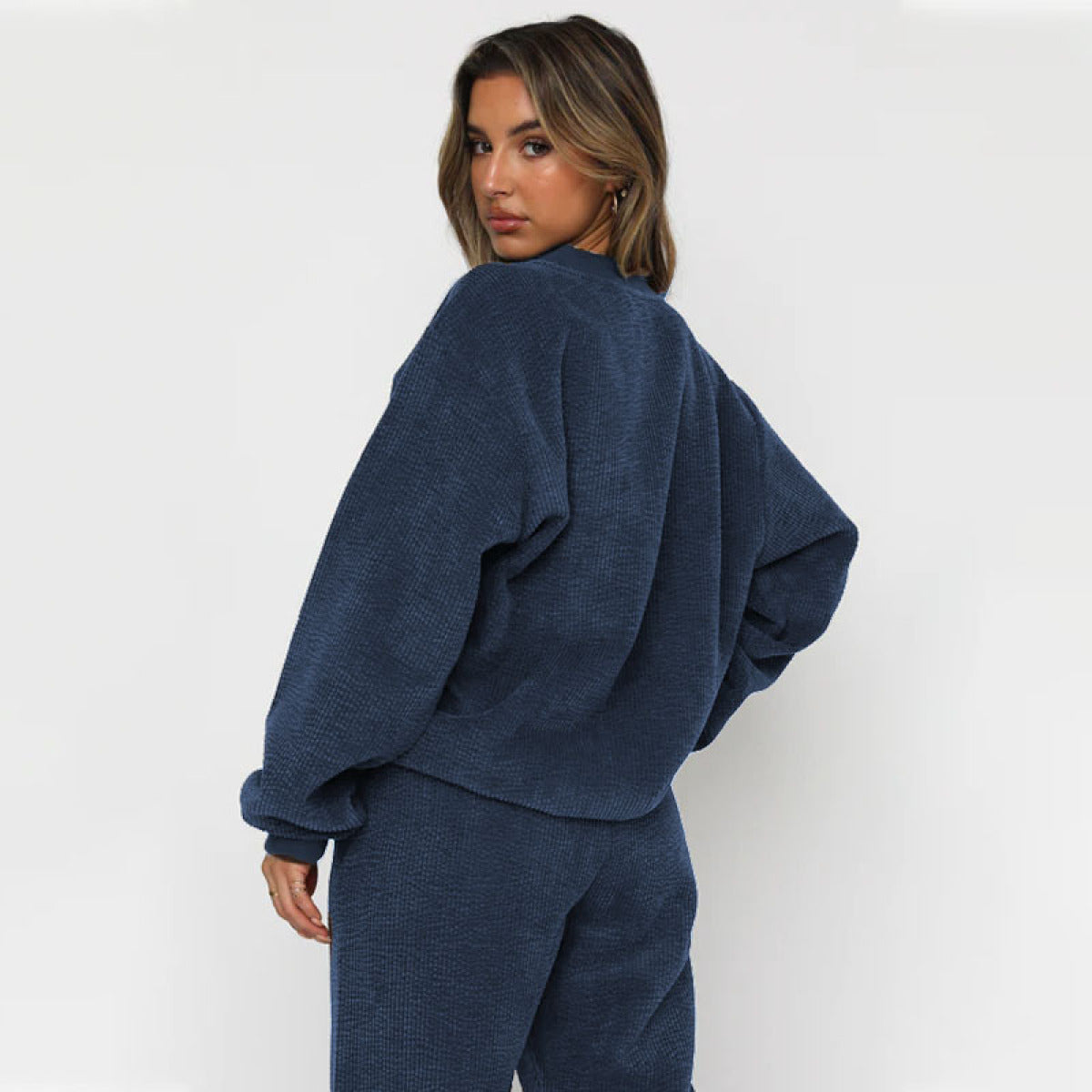 Corduroy Crew Neck Pullover Long Sleeve Sweatshirts & TiePants Two-Piece Sets