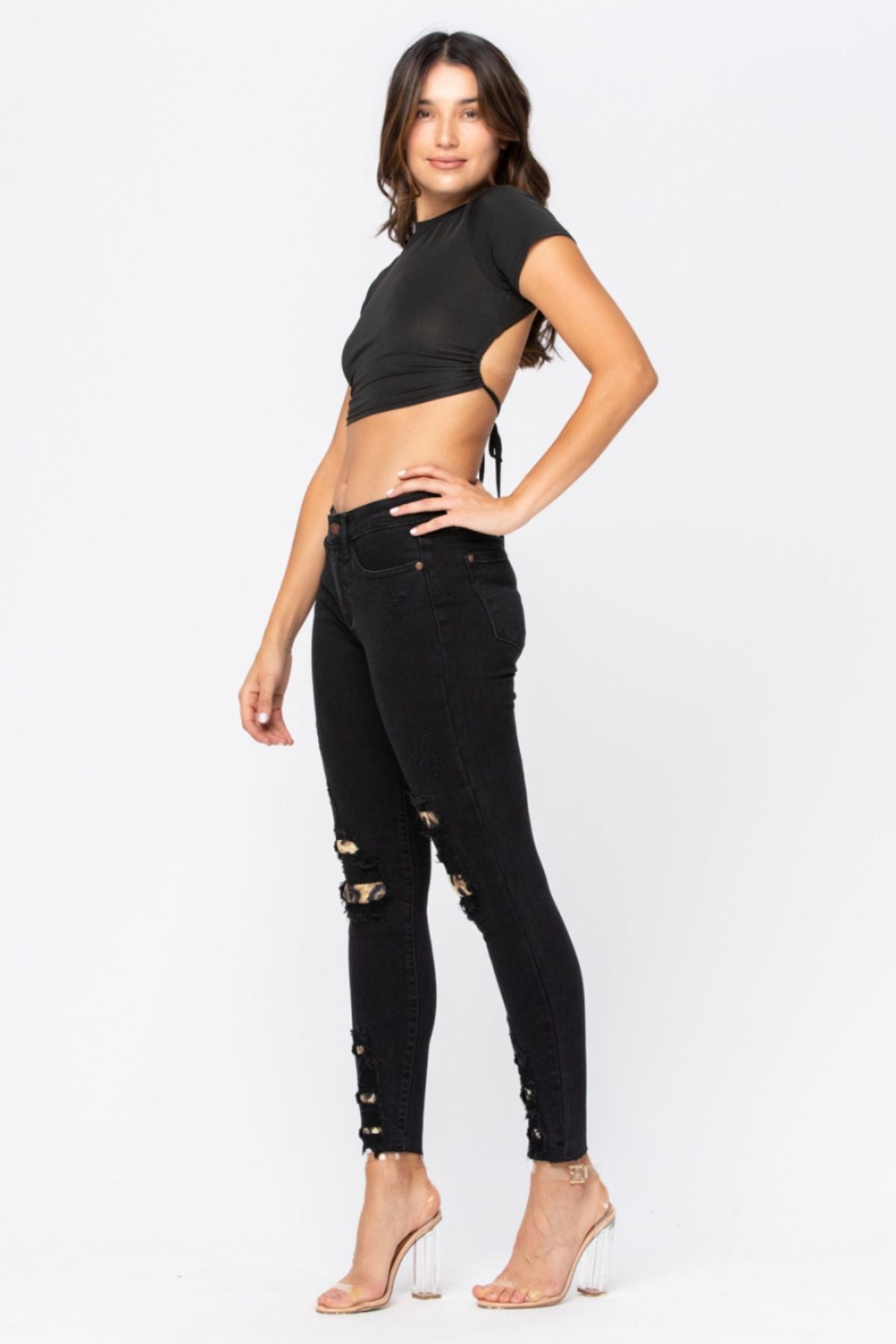 Judy Blue Black Midrise Leopard Patch Skinny Jeans