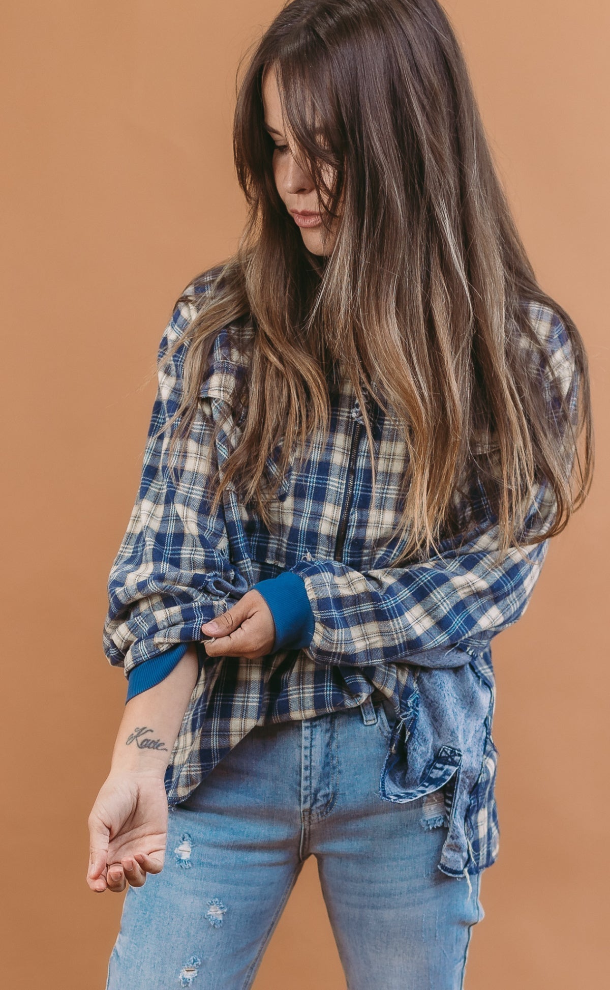 Heyson Comfy Half Zip Plaid Chambray Mixed Pullover