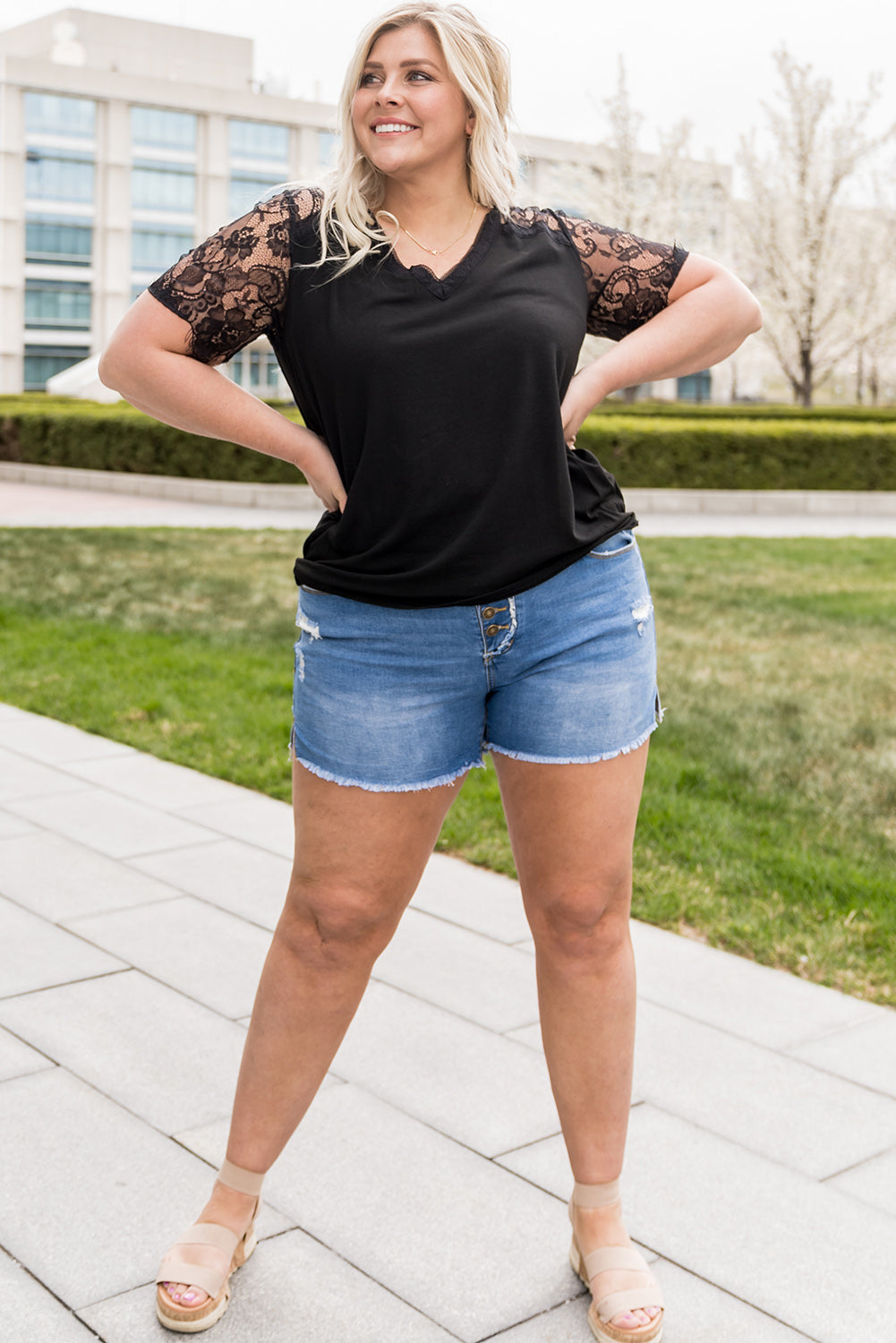 Plus Size Lace Short Sleeve V-Neck Tee