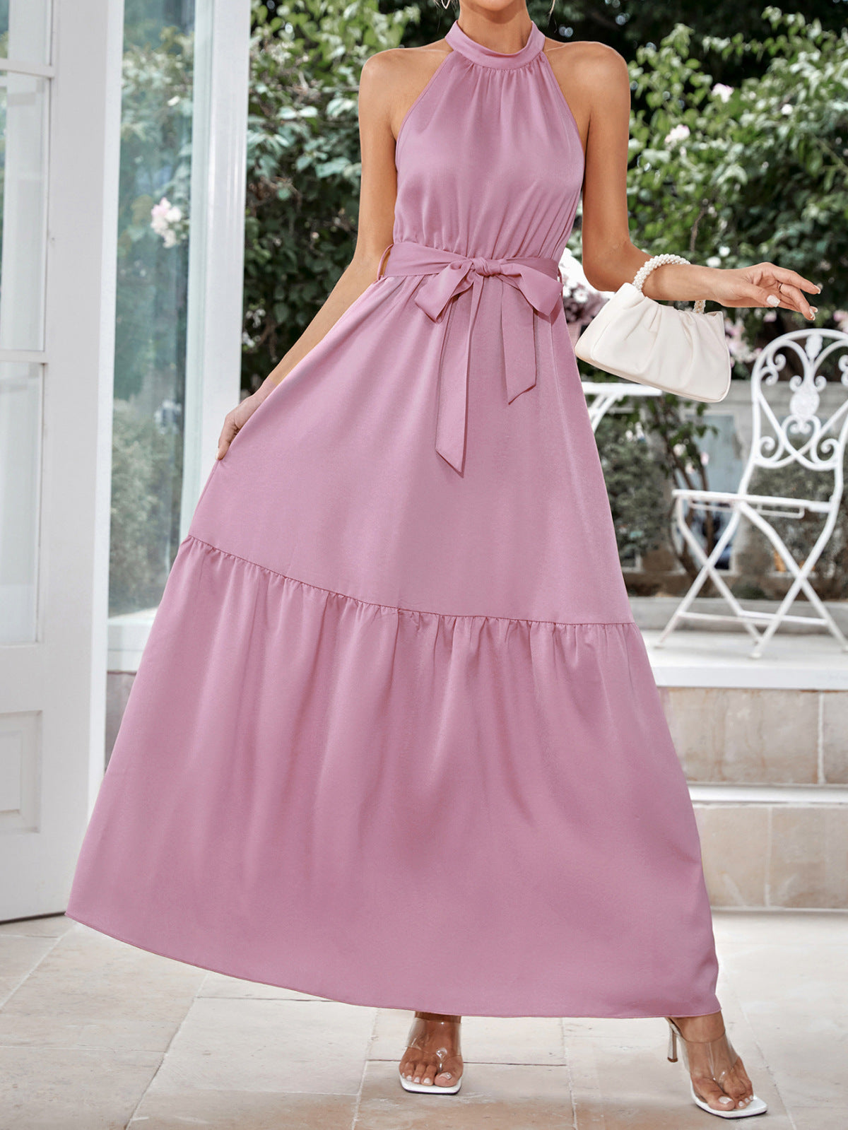 Halter Neck Tie Waist Solid Color Maxi Dress