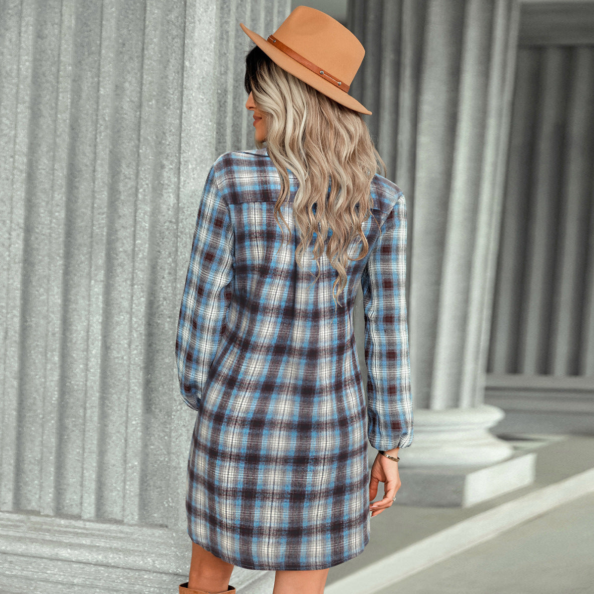 Long Sleeve Plaid Single-Breasted Shirt Dress with Belt