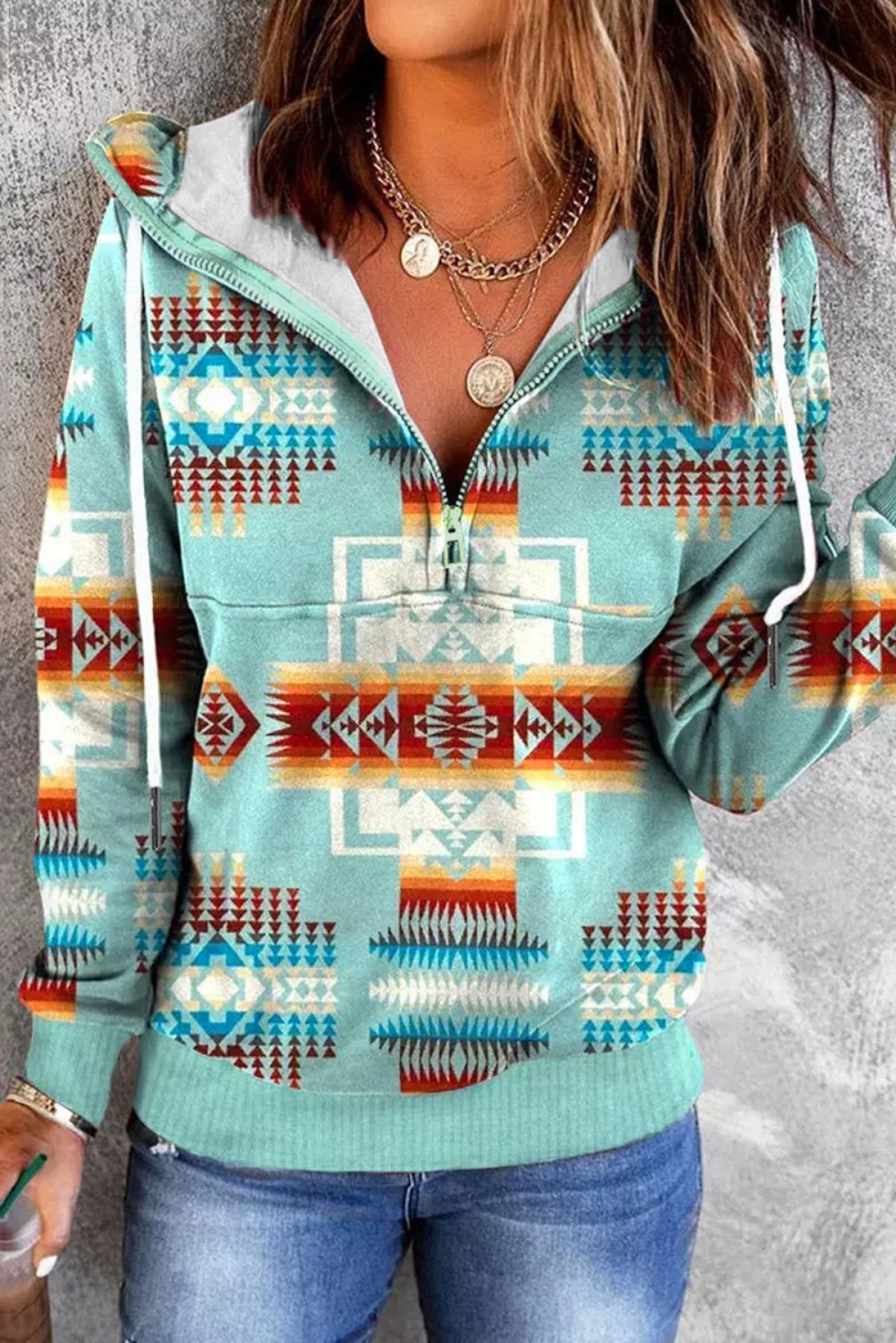 Sky Blue Aztec Geometric Drawstring Zipper Hoodie