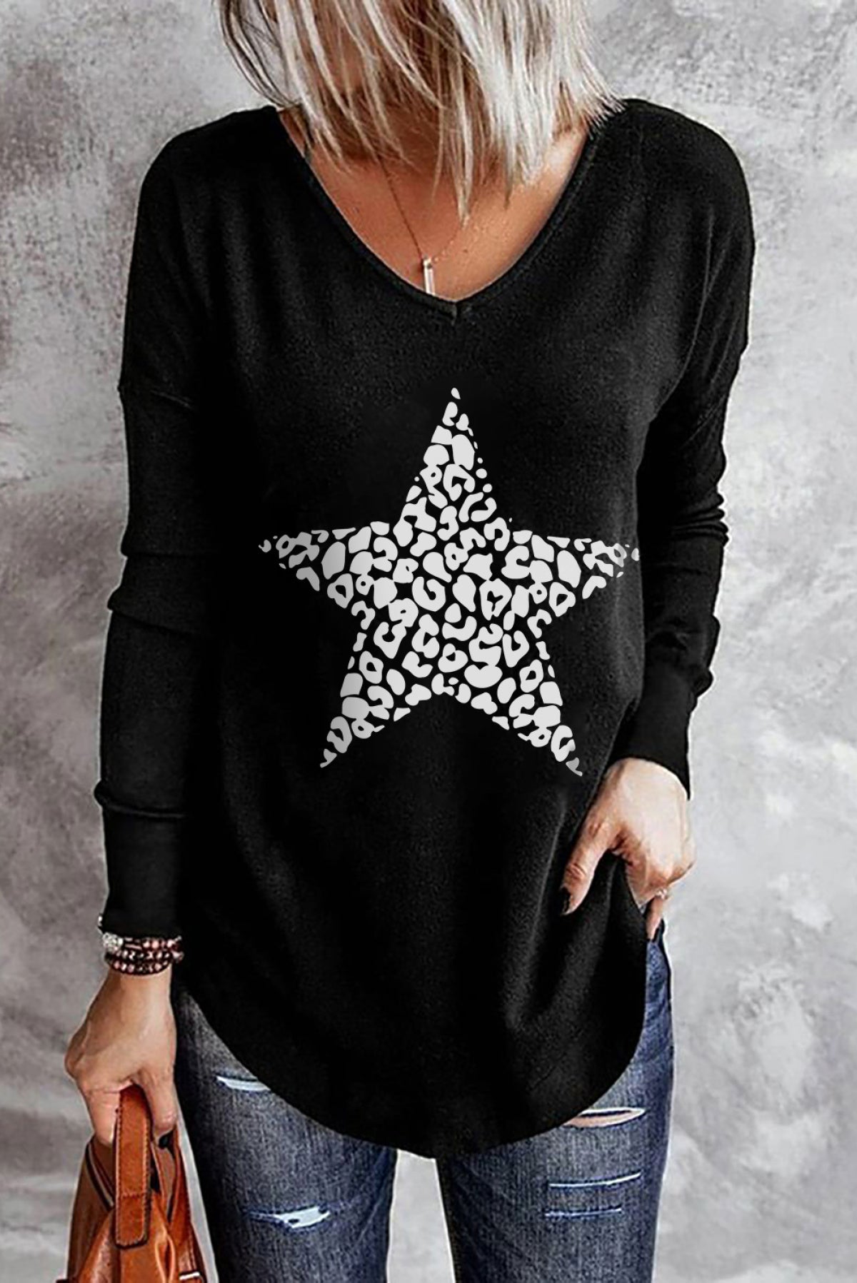 Black Leopard Star Print V Neck Long Sleeve Top