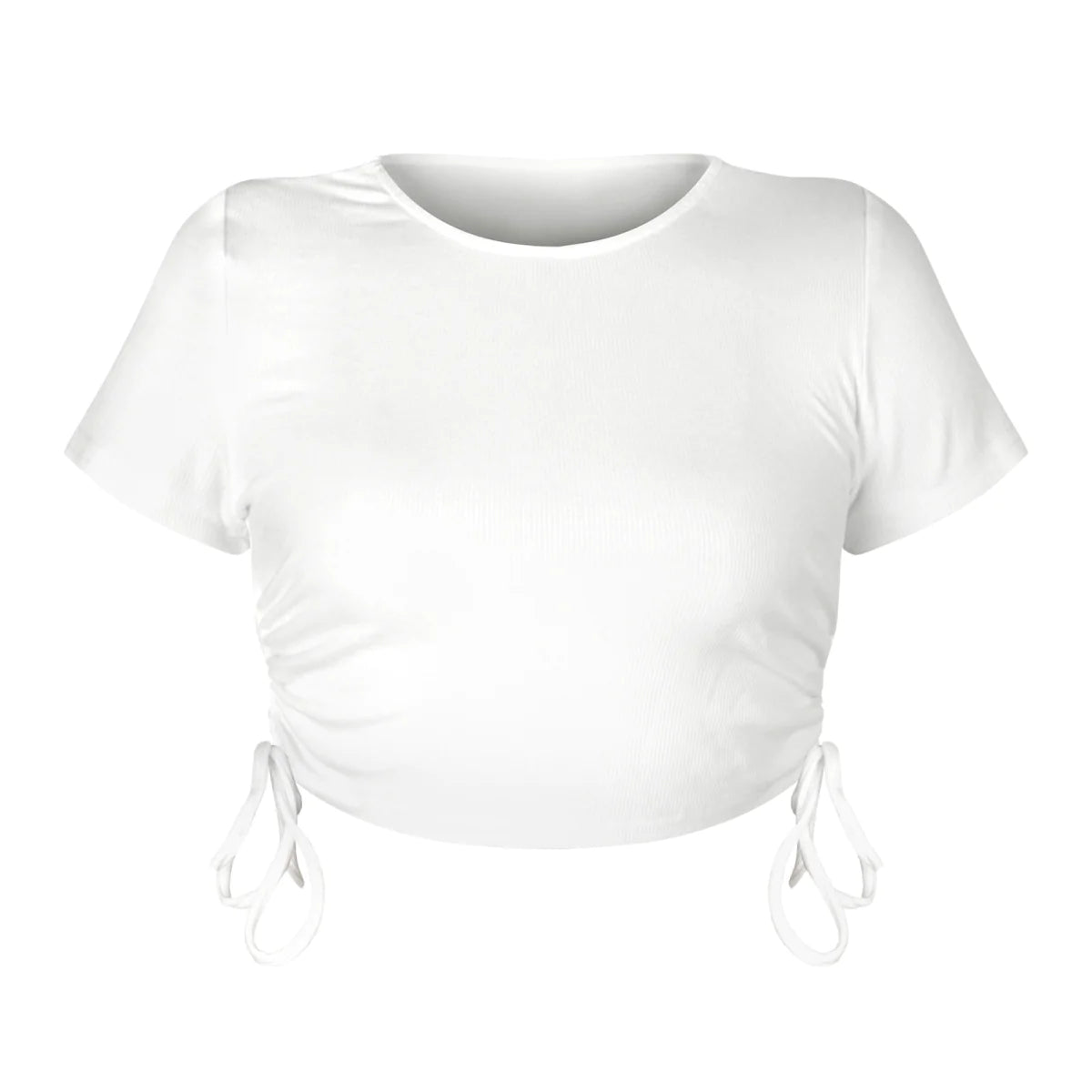 Round Neck Drawstring Rouching Solid Color Crop T-shirt