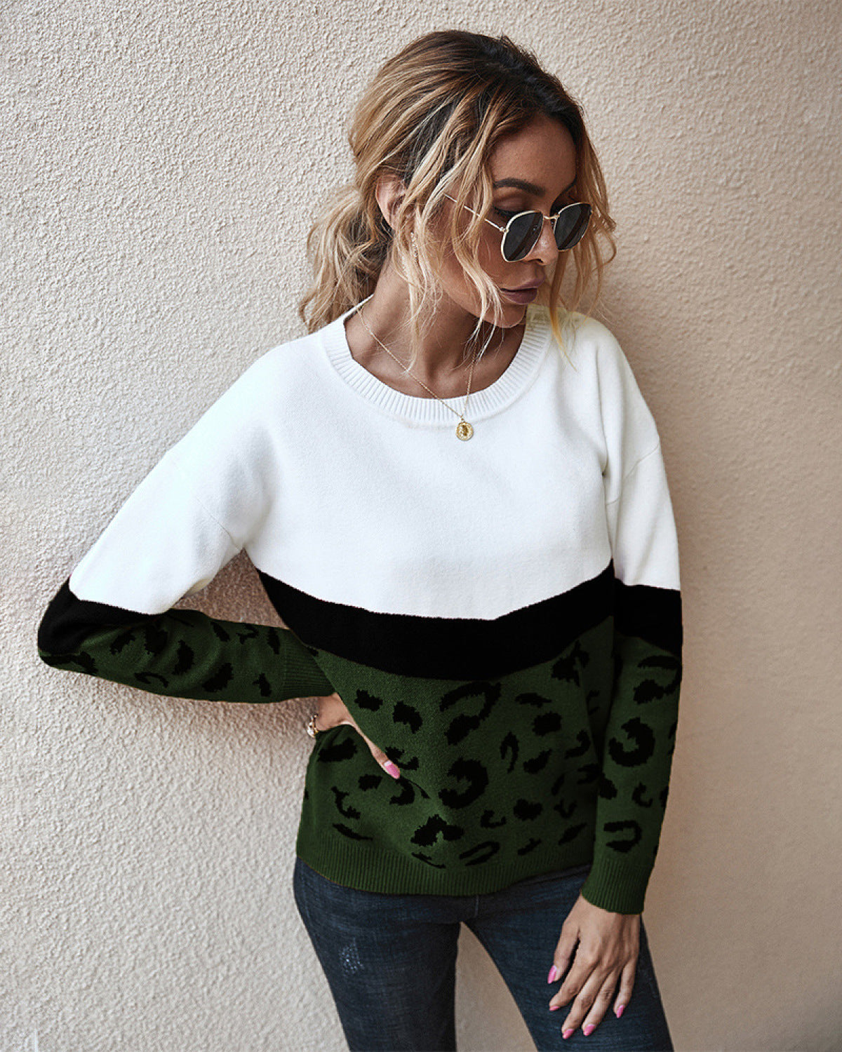 Leopard Round Neck Long Sleeve Sweater