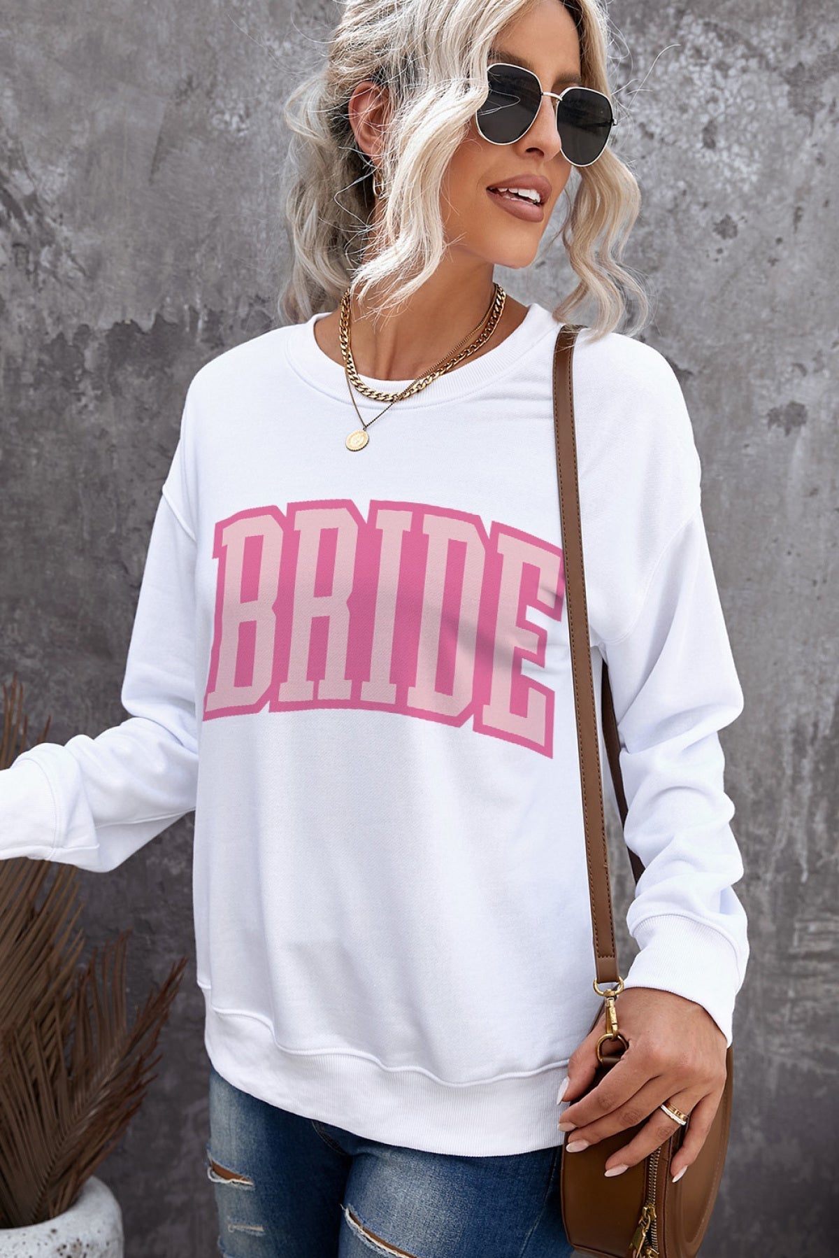 White BRIDE Letter Print Long Sleeve Graphic Sweatshirt