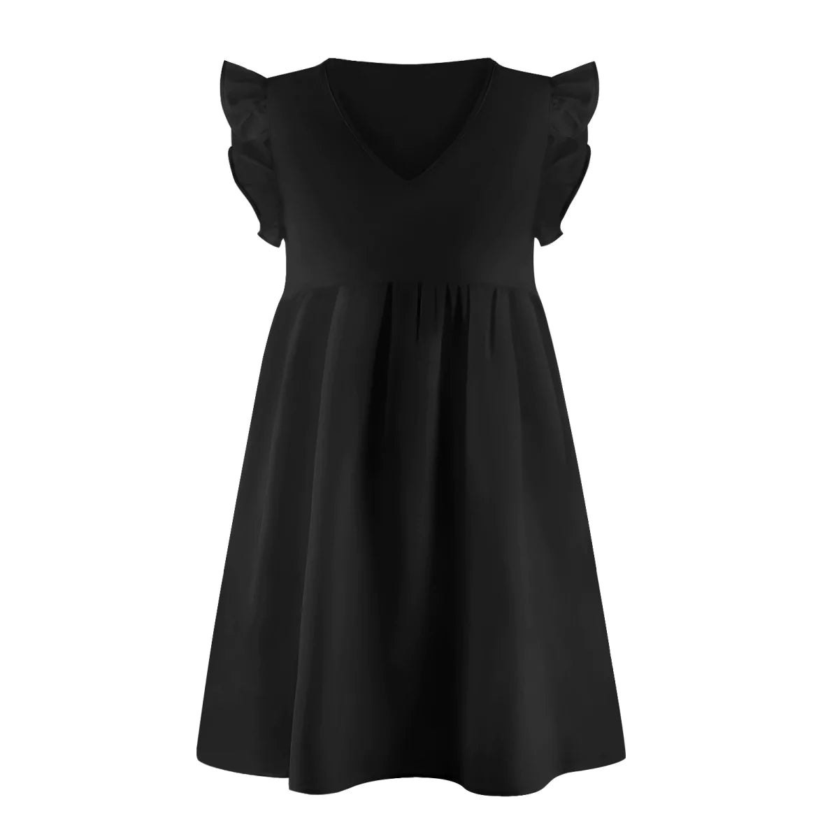 V-neck Solid Color Ruffle Sleeve A-line Mini Dress