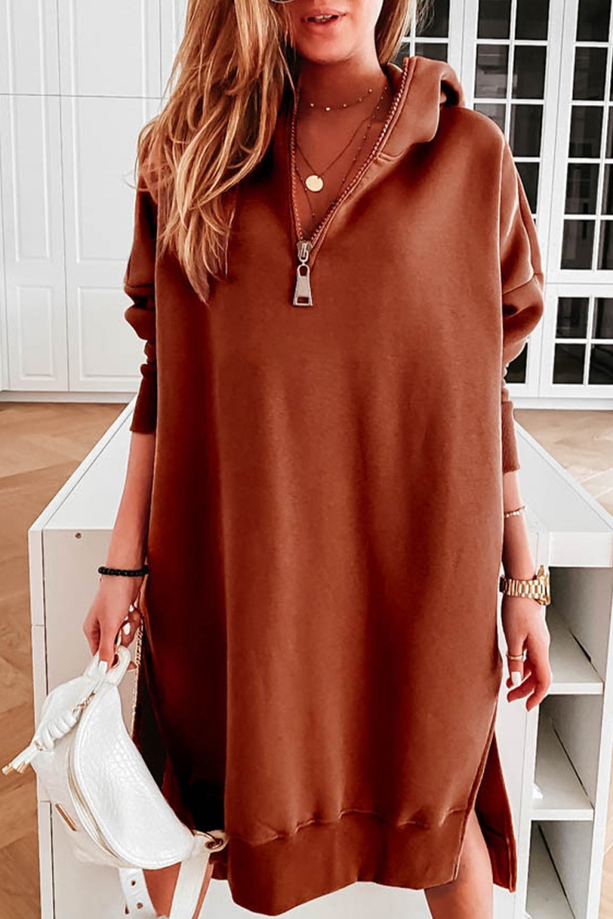 Brown Loose Half Zipper Side Slit Hooded Dress