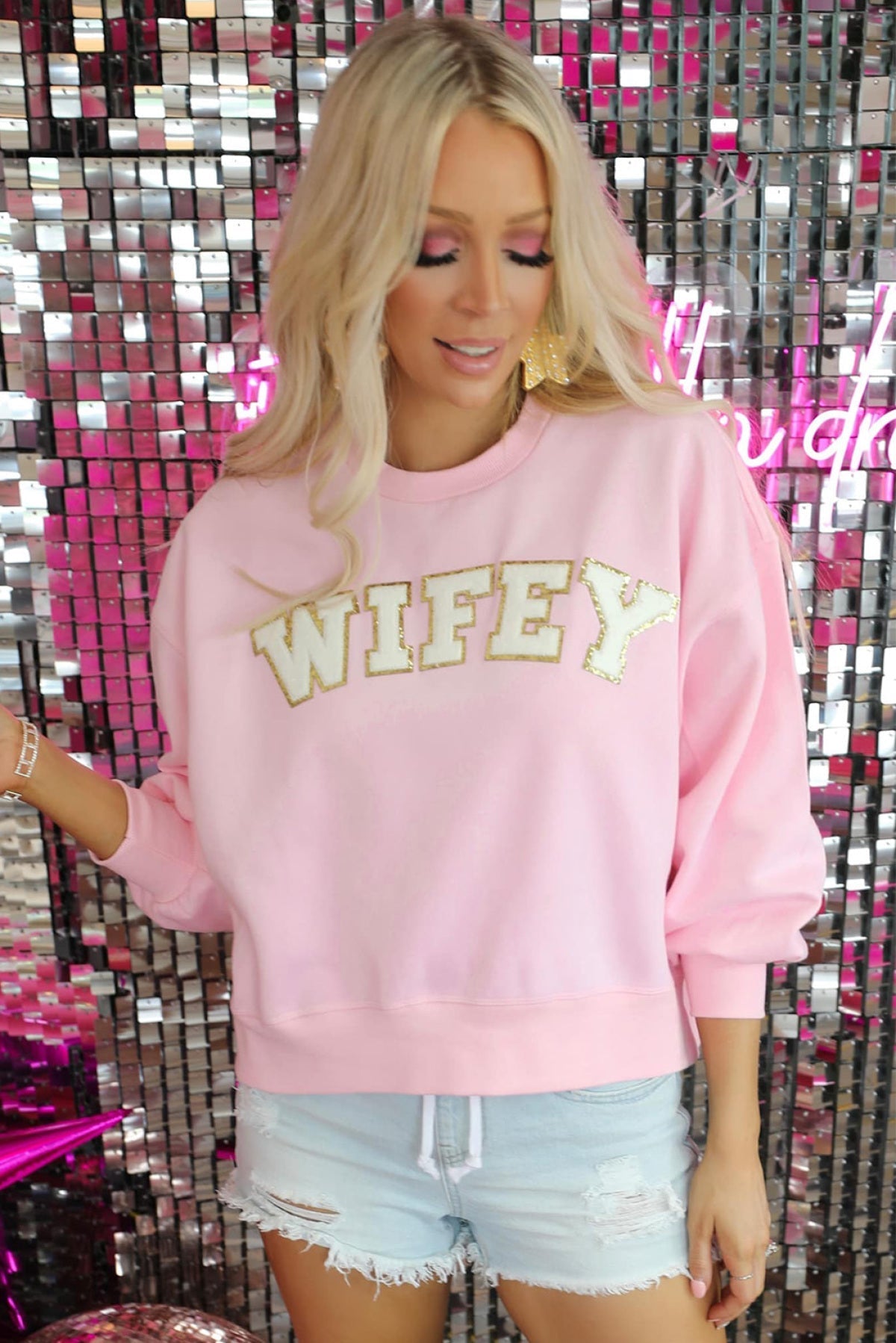 Pink WIFEY Graphic Crew Neck Pullover Sweatshirt