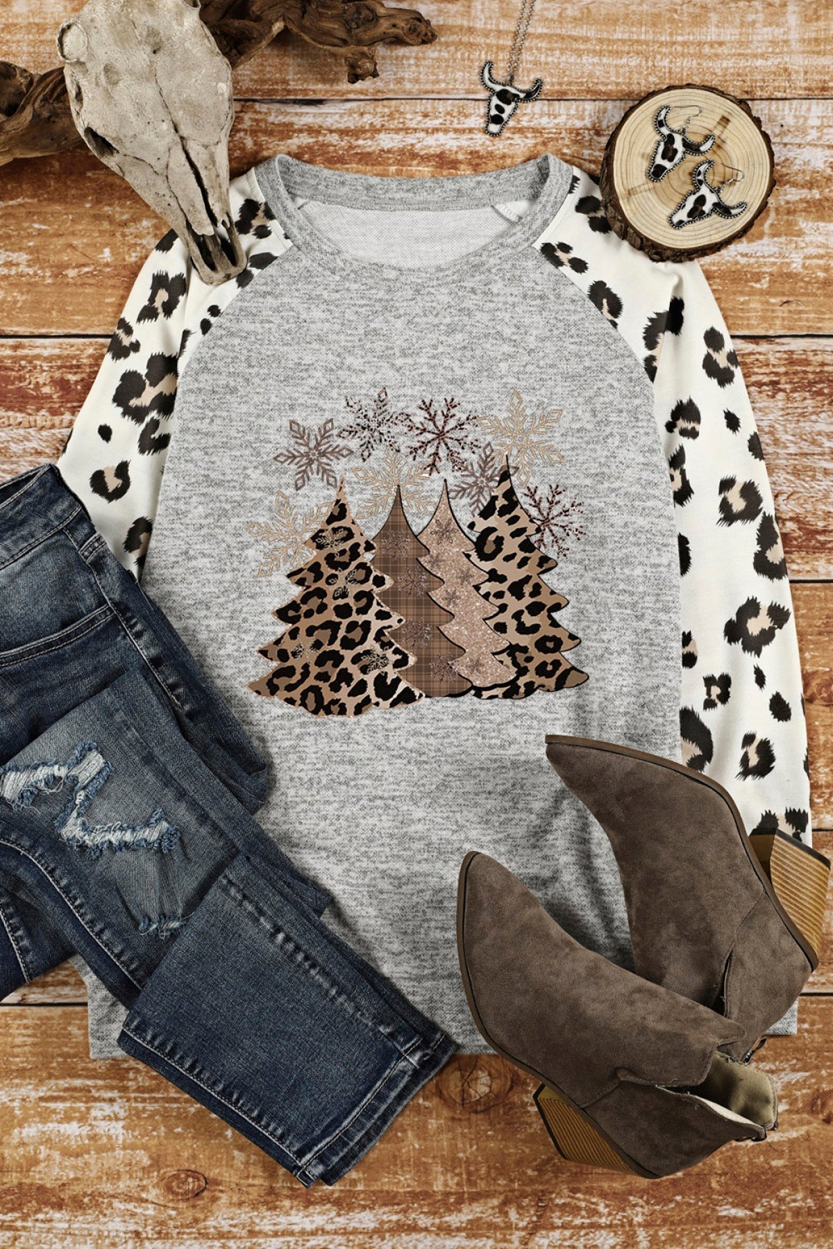 Gray Christmas Trees Graphic Leopard Raglan Sleeve Top