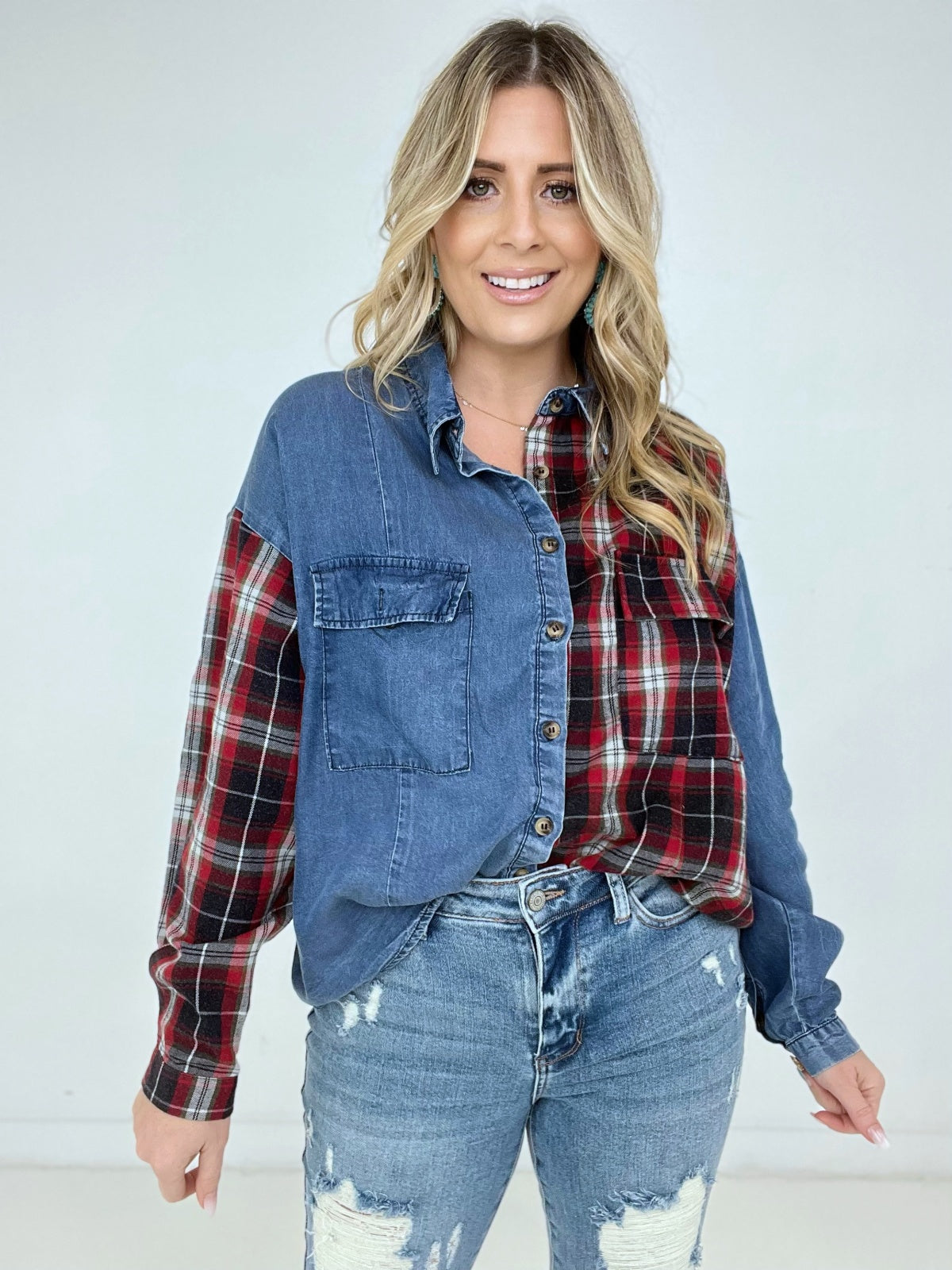 Easel "Plaid Denim Fusion" Washed Plaid Denim Shirt with Flap Pockets