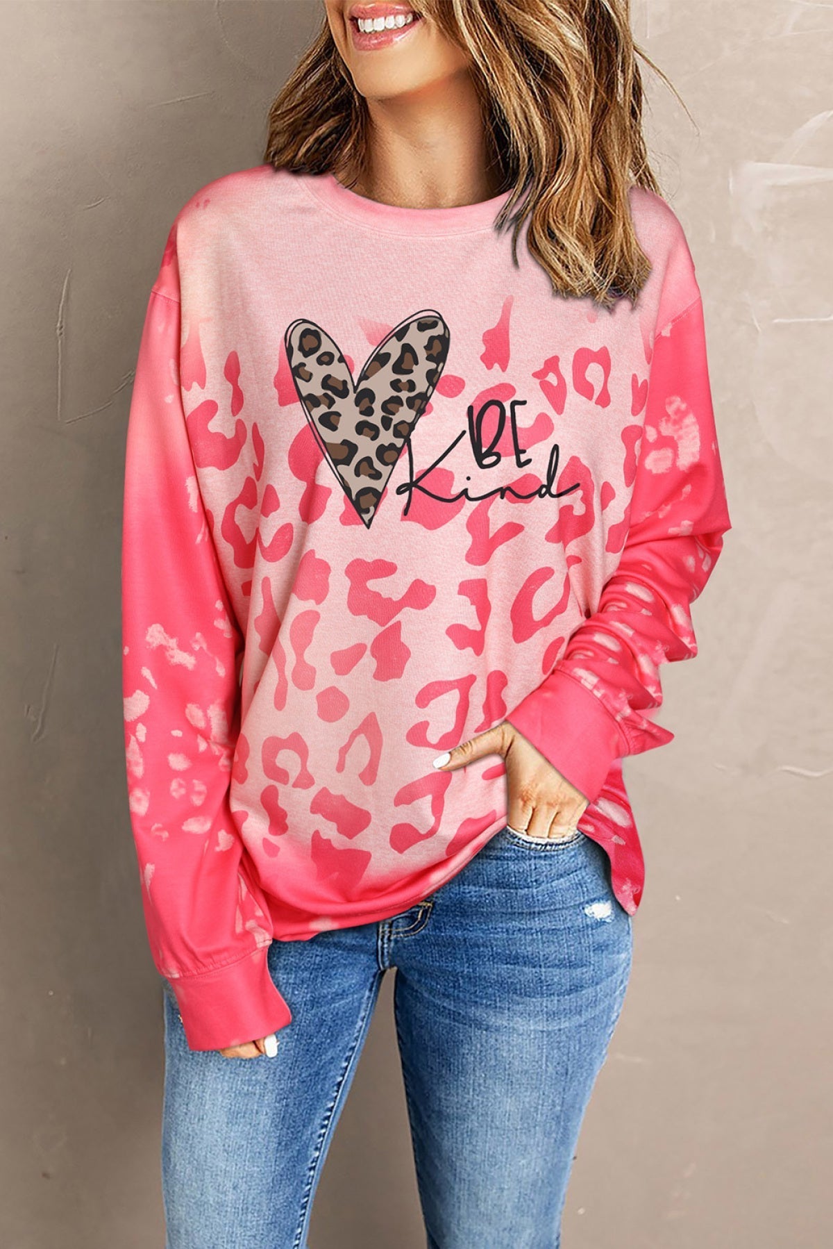 Pink Be Kind Leopard Heart Print Long Sleeve Sweatshirt