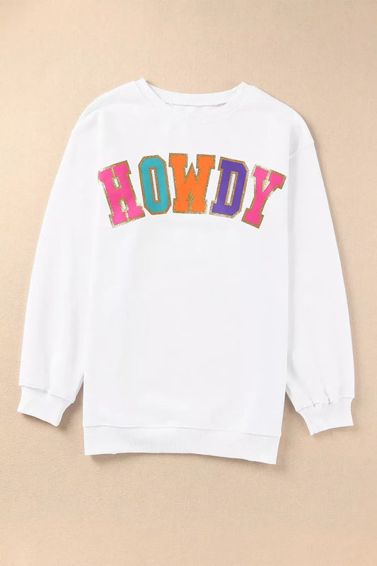 White HOWDY Letter Color Block Print Oversized Sweatshirt