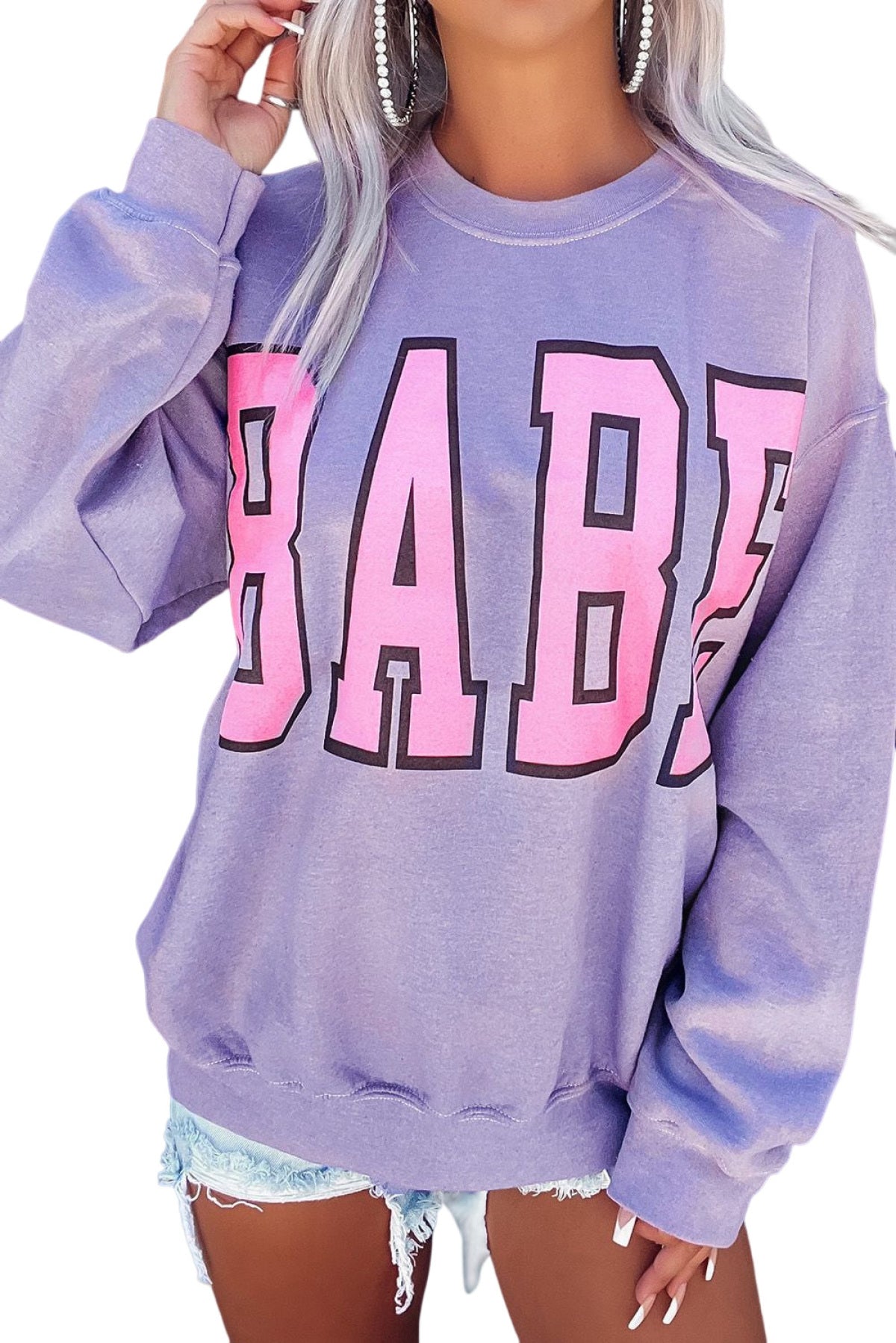 Purple BABE Letter Graphic Pullover Sweatshirt