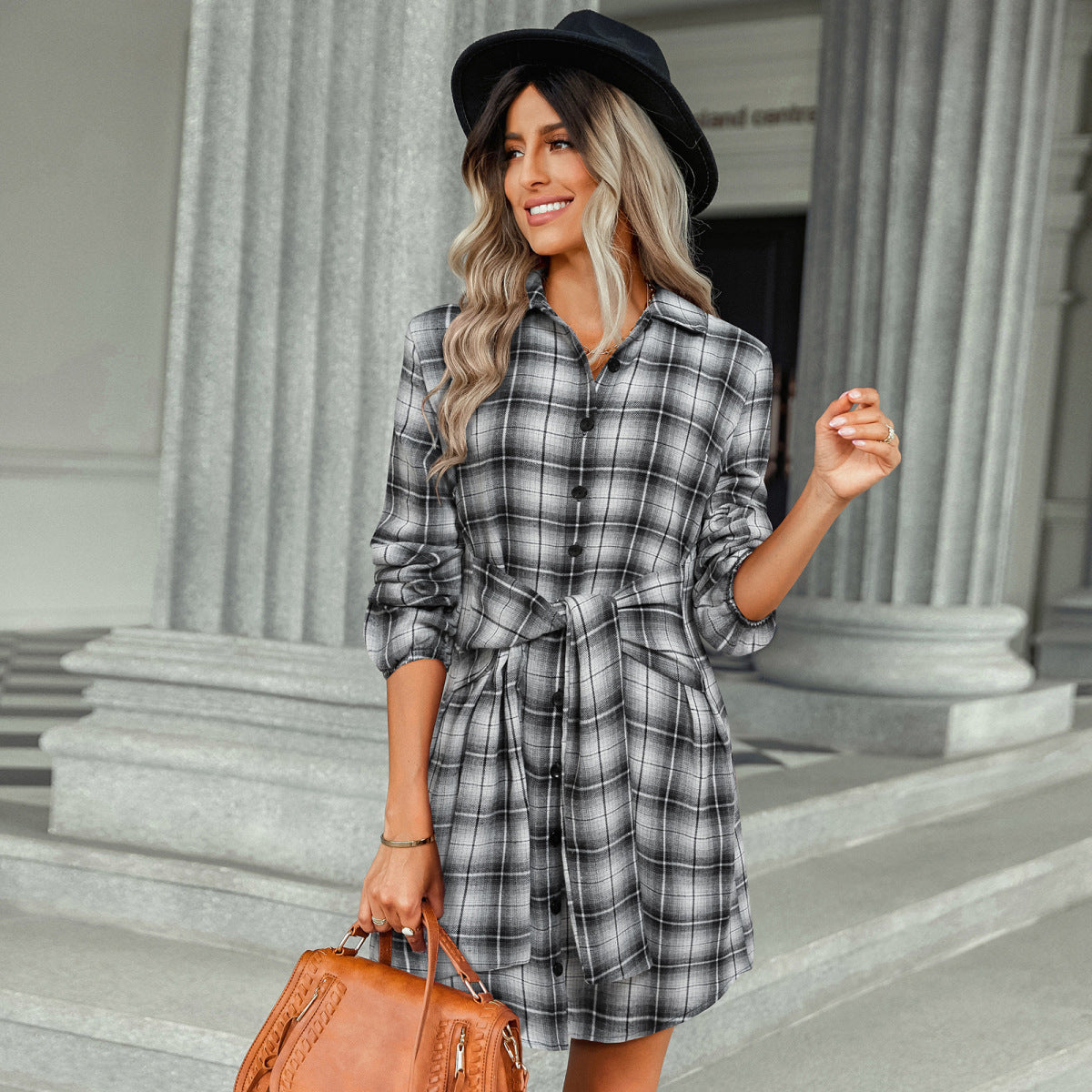 Long Sleeve Plaid Single-Breasted Shirt Dress with Belt