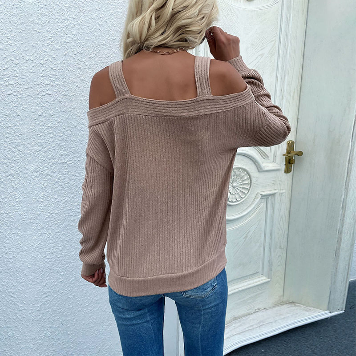 Khaki Cold-Shoulder Long Sleeve Sweater