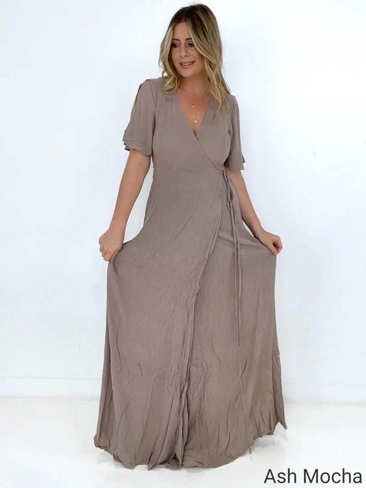 Zenana Woven Crinkle Gauze Wrap Tie Side Maxi Dress