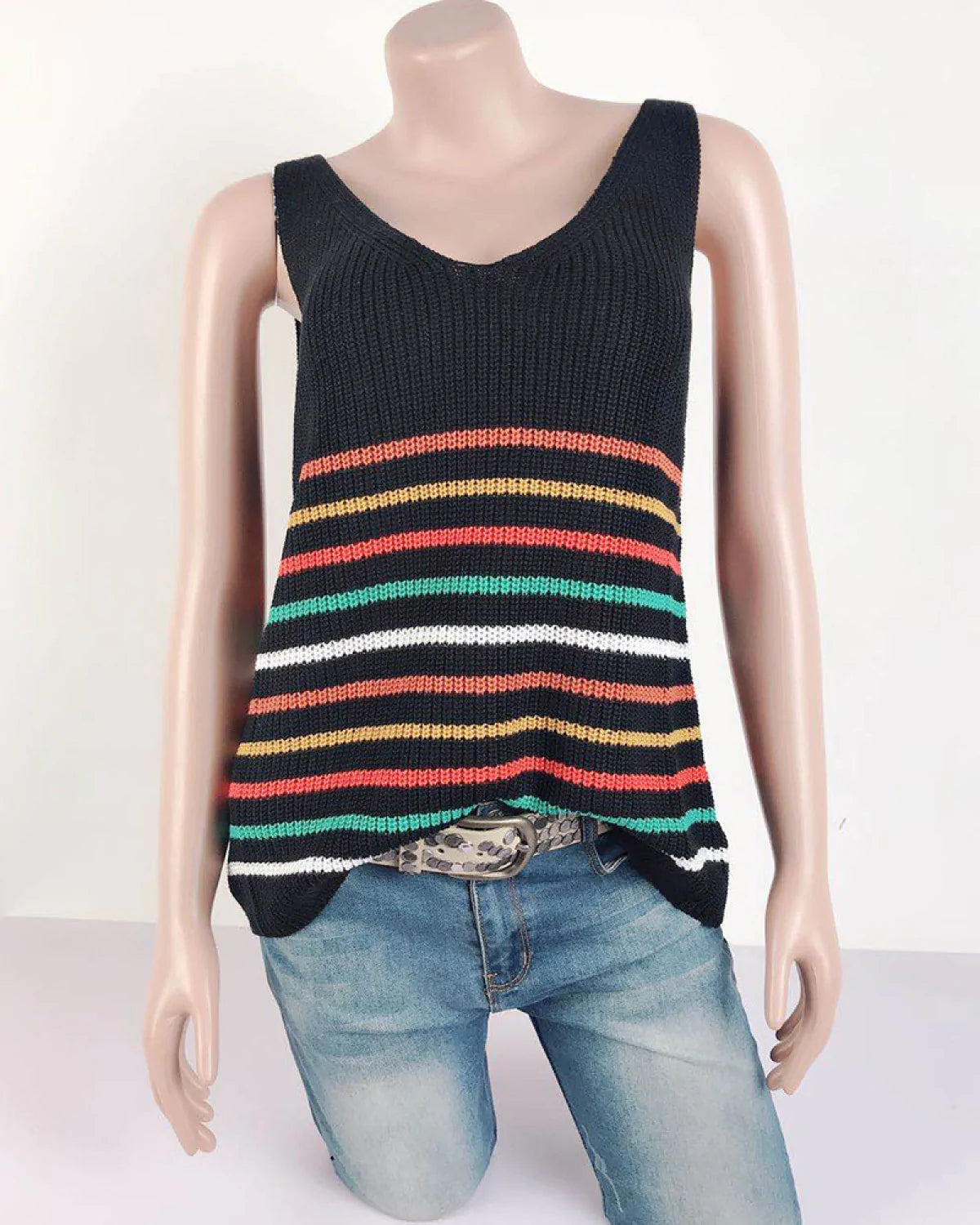 U-Neck Striped Knitted Sleeveless Vest