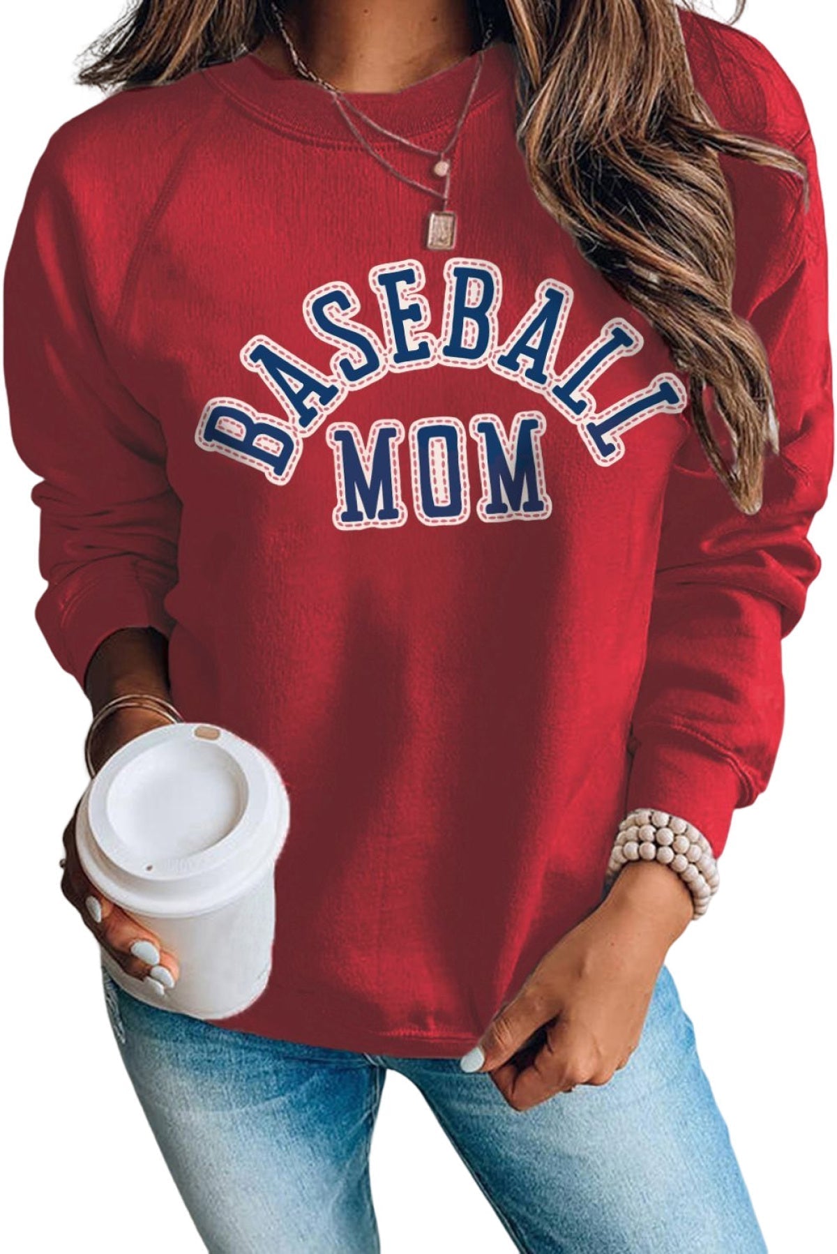 Red Baseball Mom French Terry Cotton Blend Sweatshirt