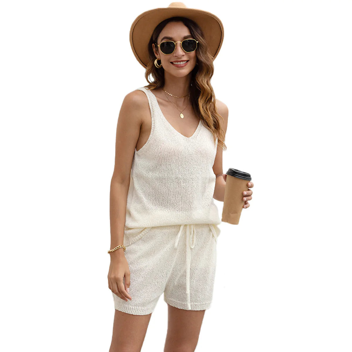 V-Neck Knitted Vest & Tie Shorts Two-Piece Set