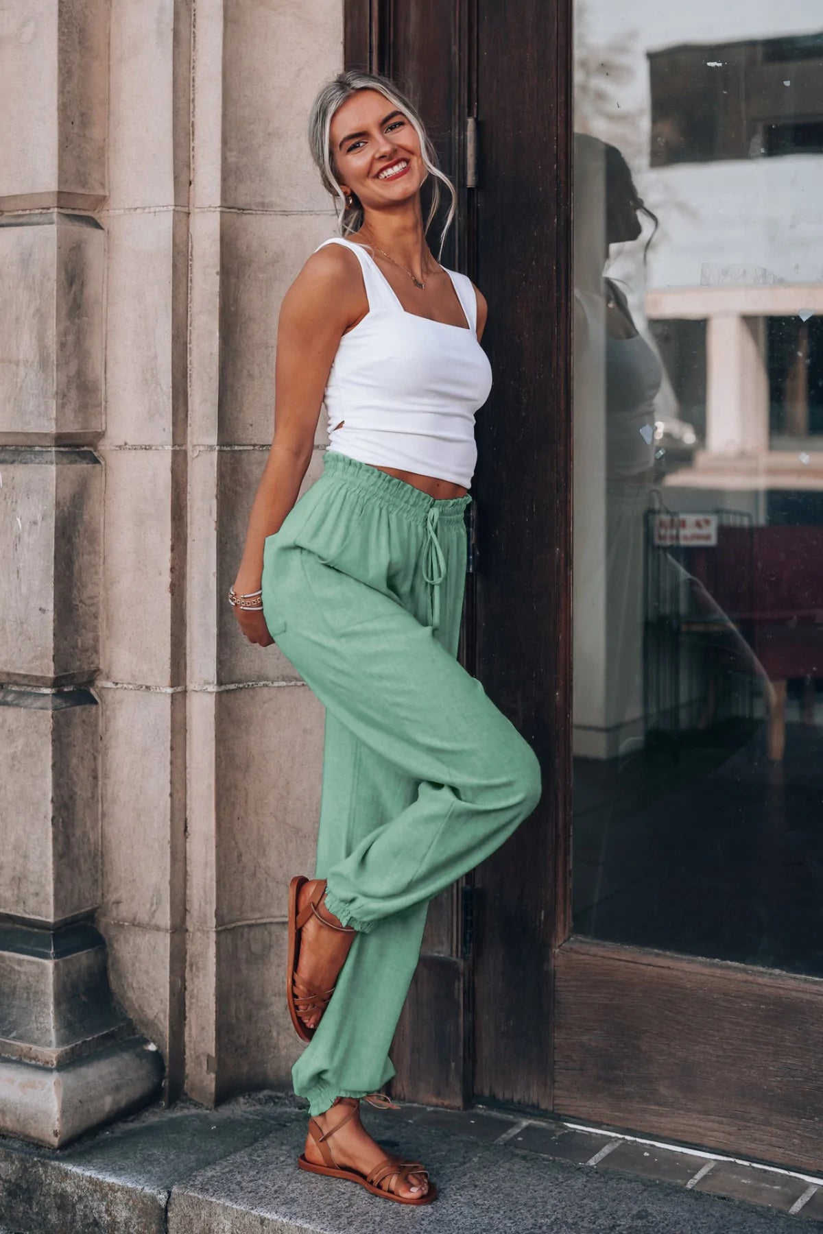 Solid Color Tie-waist Tapered Pants