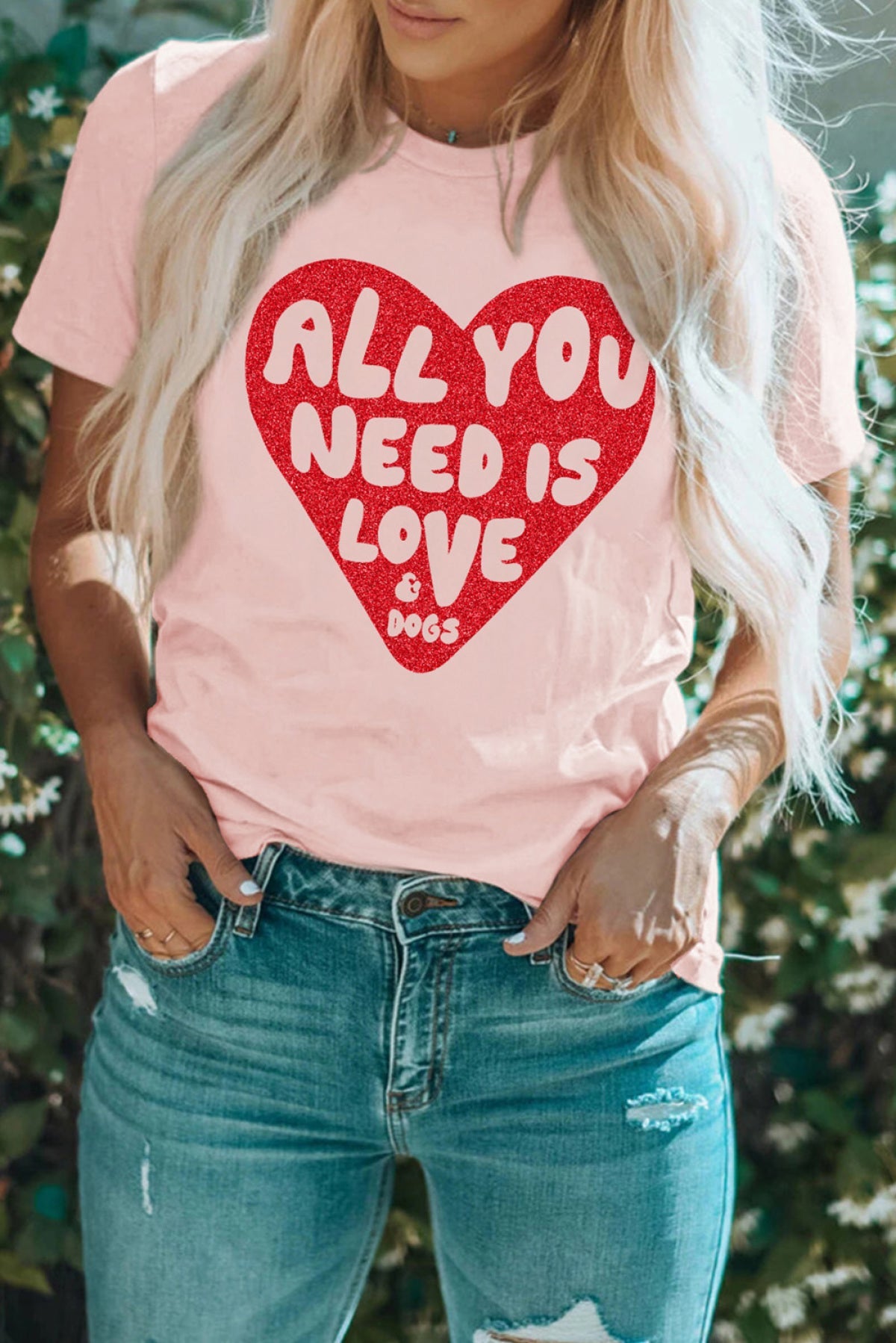 Pink All YOU NEED IS LOVE Heart Glitter Graphic T-Shirt