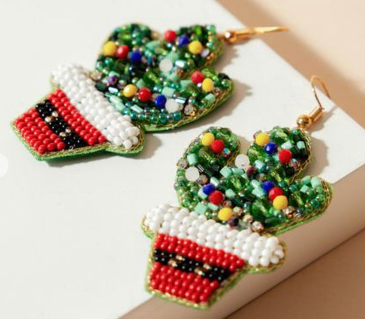 Christmas Cactus Dangling Seed Bead Earrings